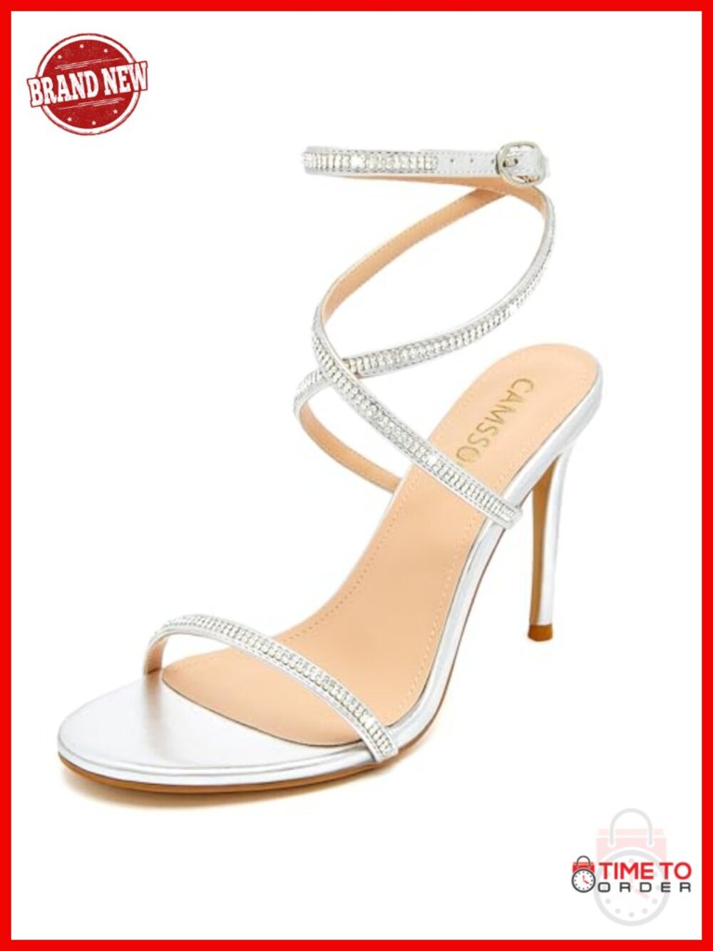 CAMSSOO Women's Faux Leather Rhinestone Stiletto Heeled Sandals Open Toe Ankle